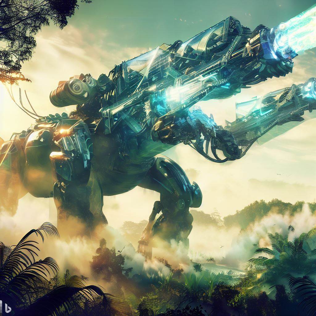 giant future mech dinosaur with glass body firing guns in jungle, wildlife in foreground, smoke, detailed clouds, lens flare 2.jpg